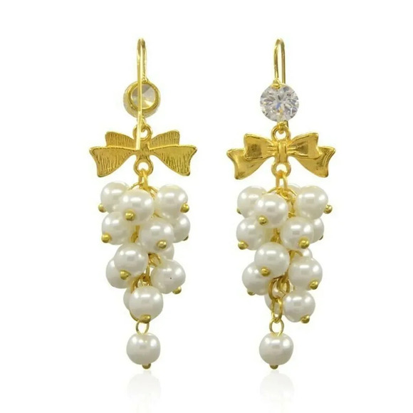 Handcrafted White Glass Pearls Gold Bow Knot CZ Stone Cascade Dangle Earrings - Picture 1 of 2